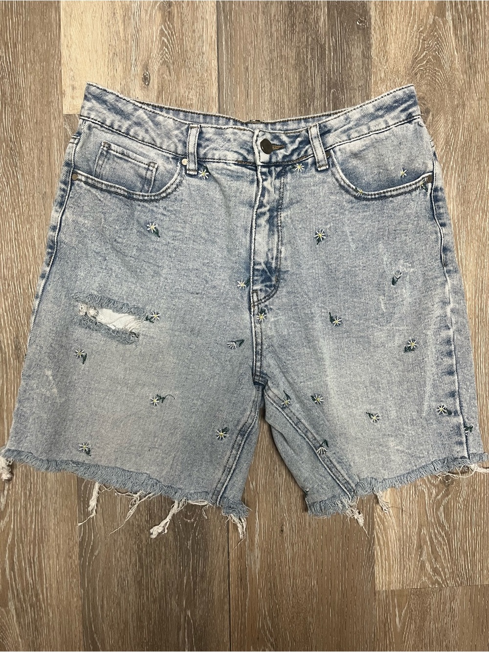 Material Girl Light Blue Distressed Denim Shorts with Star Embroidery